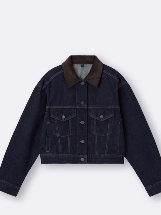 Gu Jackets & Blazers - GU - Dark Indigo Denim Jacket with Contrast Brown Collar